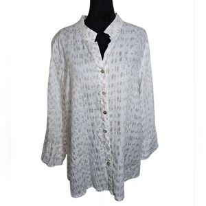 Zozo Women's 100% Linen White & Tan Button-down Tunic Blouse Size M